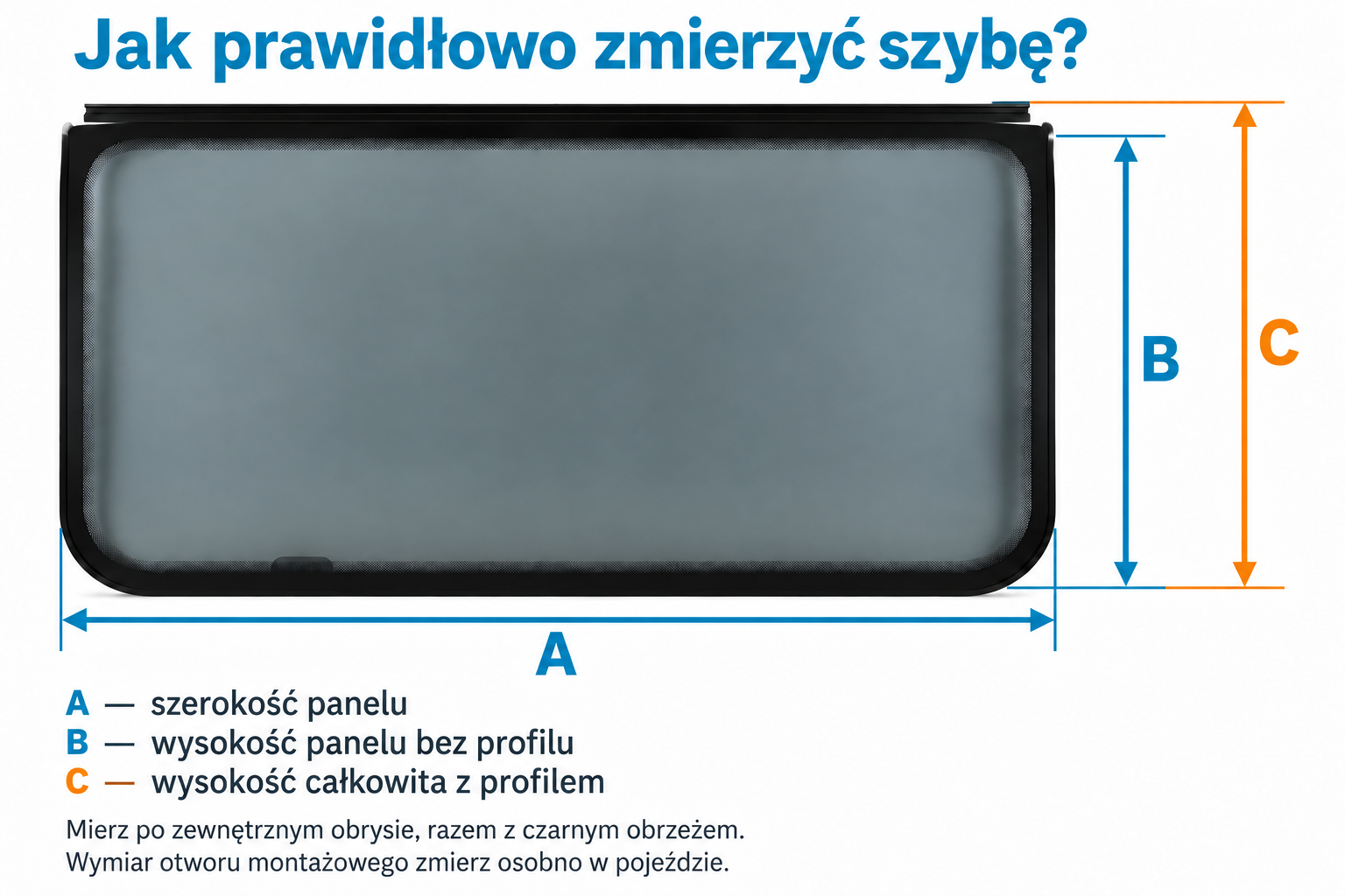 Pomiar szerokości i wysokości szyby Dometic C6 oraz wysokości z profilem